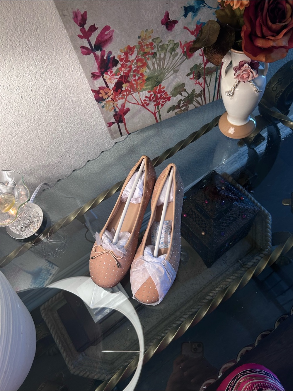 Gianni Bini Nude Blush Dot Ballet Flats with Bow Accent